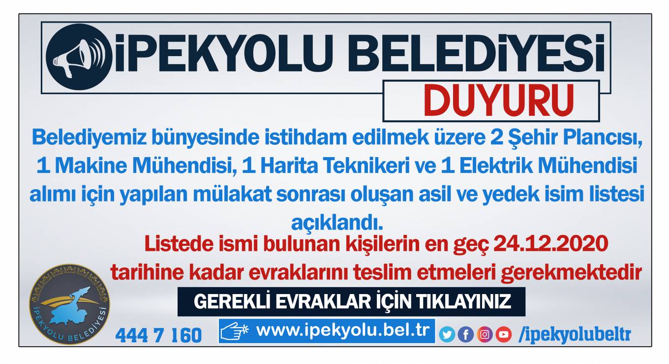 2 Şehir Plancısı, 1 Makine Mühendisi, 1 Harita Teknikeri ve 1 Elektrik Mühendisi