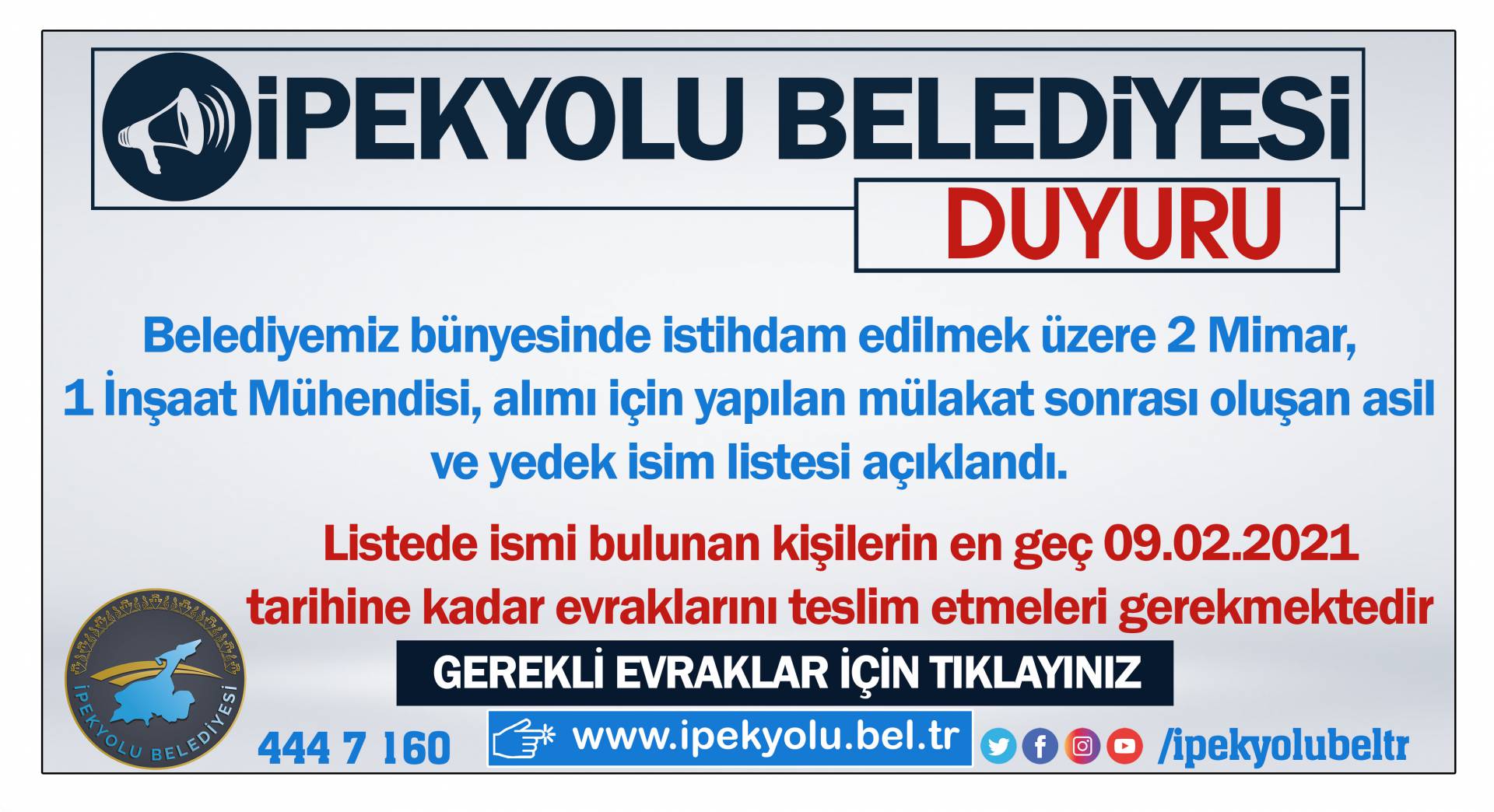 2 Mimar ve 1 İnşaat Mühendisi Asil ve Yedek Listesi