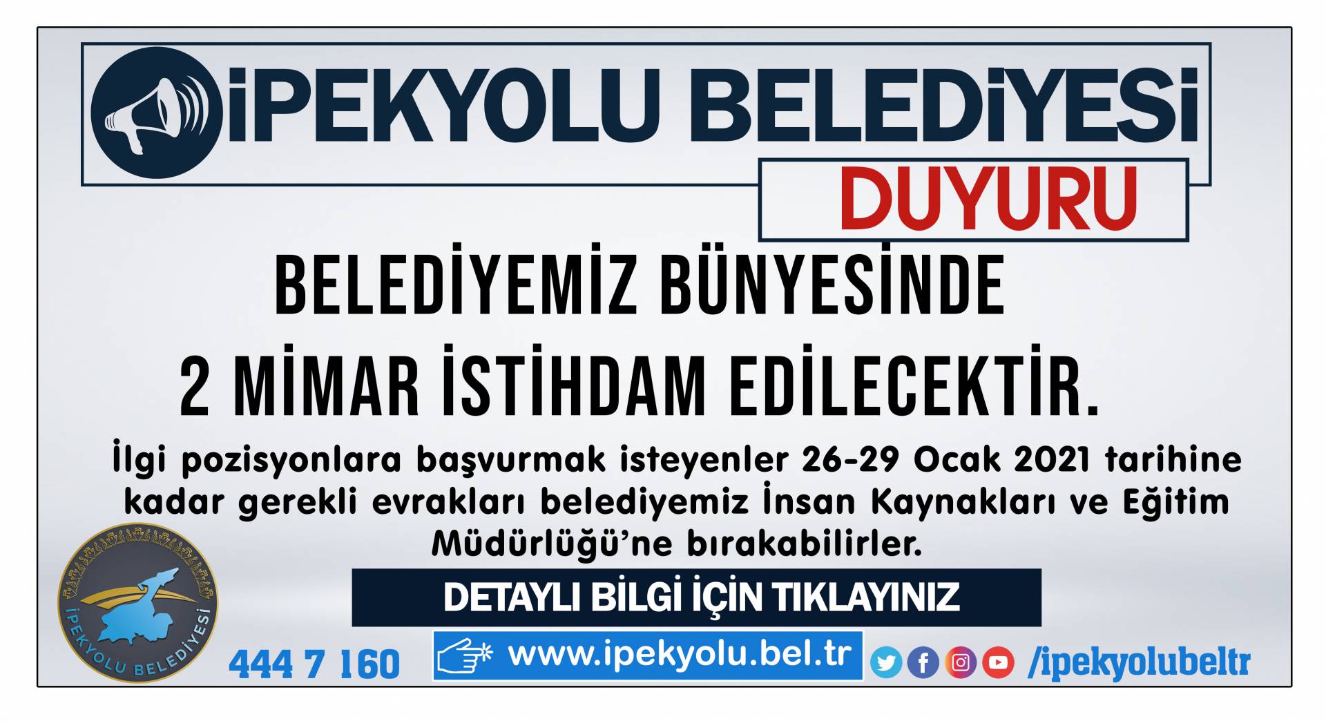 BELEDİYEMİZ BÜNYESİNDE 2 MİMAR İSTİHDAM EDİLECEKTİR